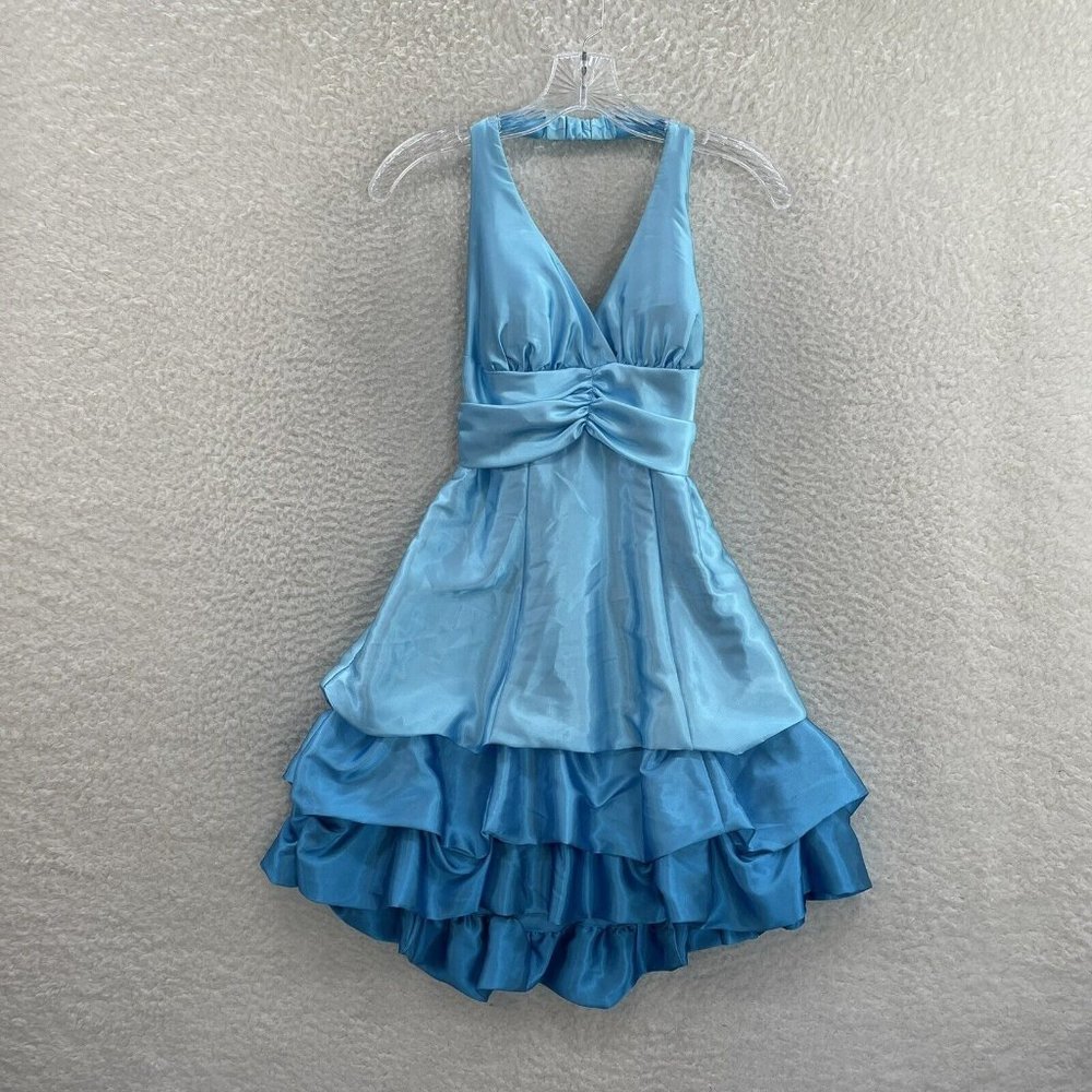 Y2K 2000s Baby Blue Satin Layer Open Back Halter Cinderella Fairy Mini Dress 4 S - Picture 1 of 8